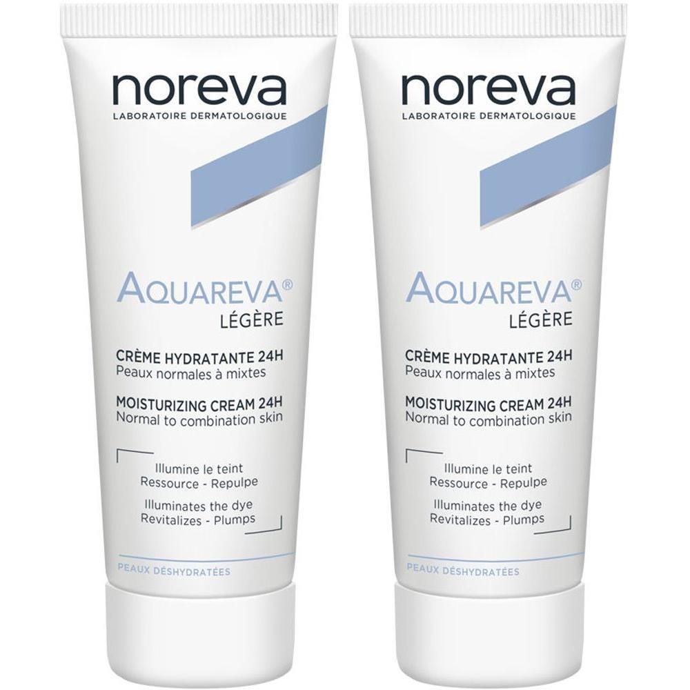 Zwei Tuben Creme. Auf jeder Tube steht "noreva" und "Aquareva Légère". Text: Crème Hydratante 24H, Peaux normales à mixtes, Moisturizing Cream 24H.