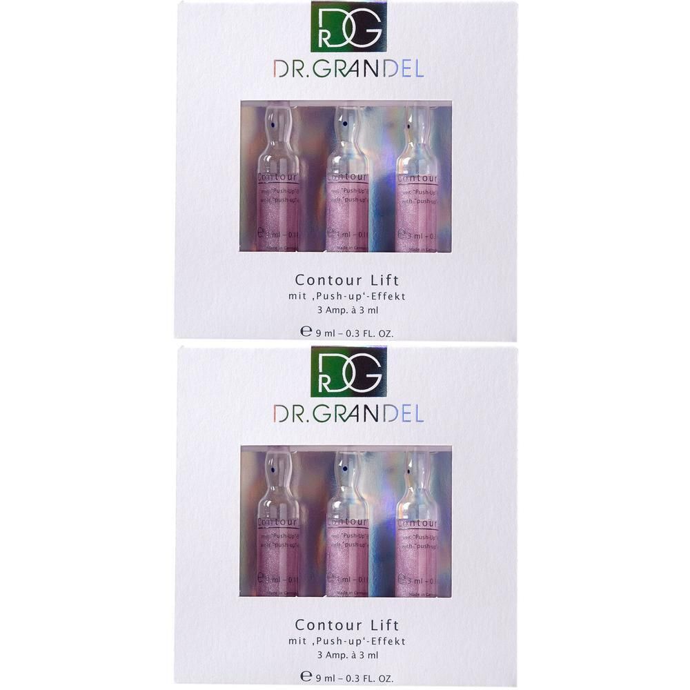 Zwei Packungen mit je drei Ampullen. Aufschrift: DR. GRANDEL, Contour Lift mit Push-up-Effekt. Klare Glasampullen mit rosa Flüssigkeit.