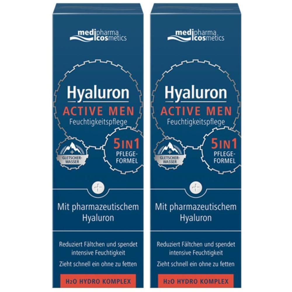 Zwei Packungen Hyaluron Active Men Feuchtigkeitspflege. Blaue Verpackung mit weißer Schrift. Produktname und Logo deutlich sichtbar.