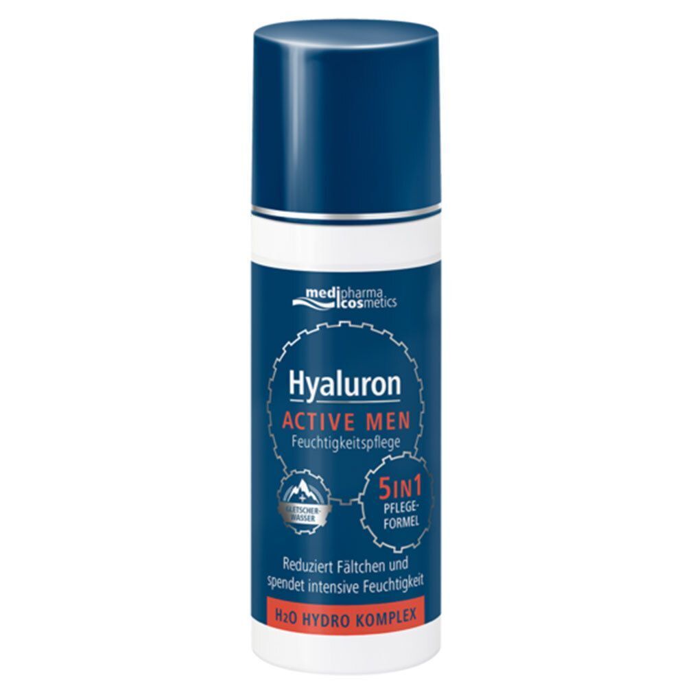 Hyaluron Active Men Feuchtigkeitspflege. Weiße Flasche mit blauem Deckel. Produktname und Logo auf blauem Etikett.