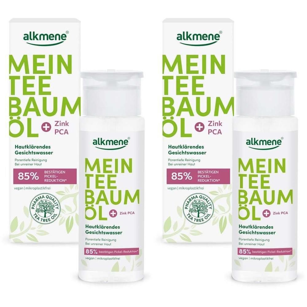 Mehrere Flaschen Gesichtswasser mit Verpackung. Aufschrift: Mein Teebaumöl + Zink PCA. 85% Pickelreduktion.