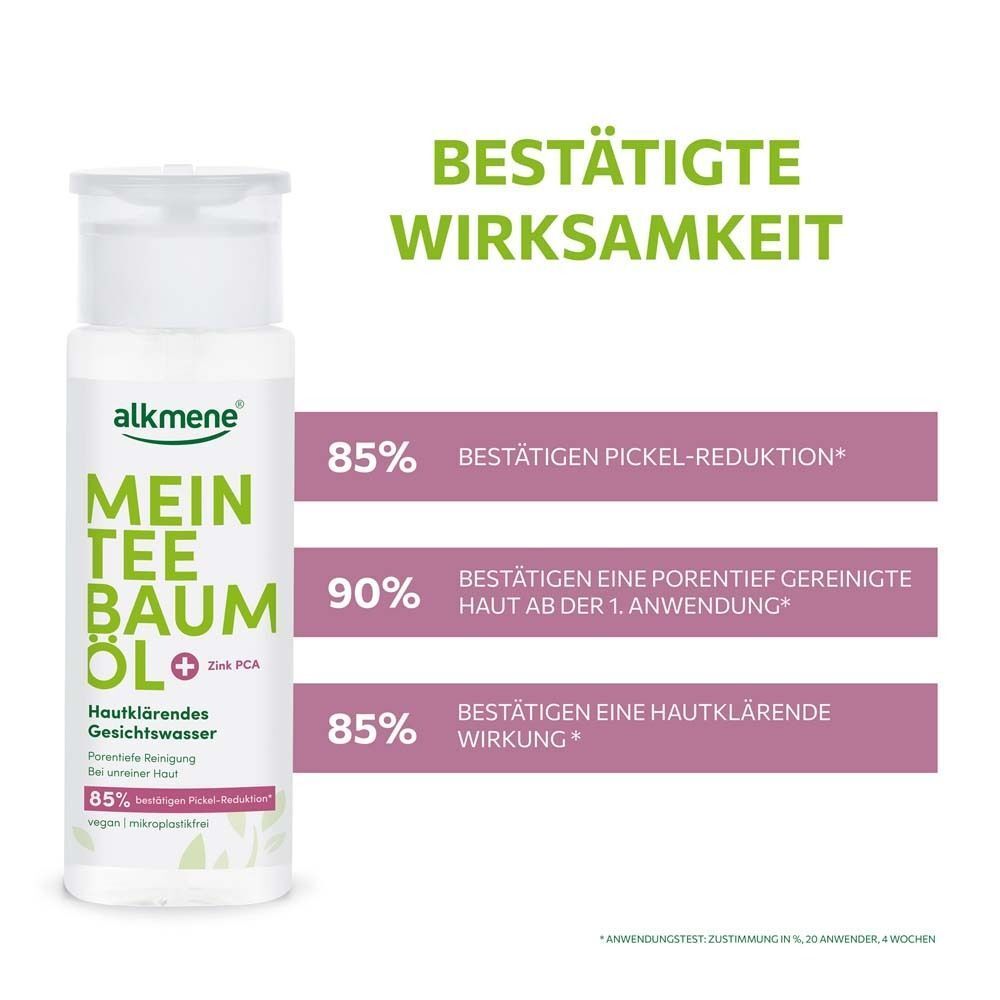 Flasche Gesichtswasser. Aufschrift: Mein Teebaumöl + Zink PCA. 85% Pickelreduktion. Text: Bestätigte Wirksamkeit.