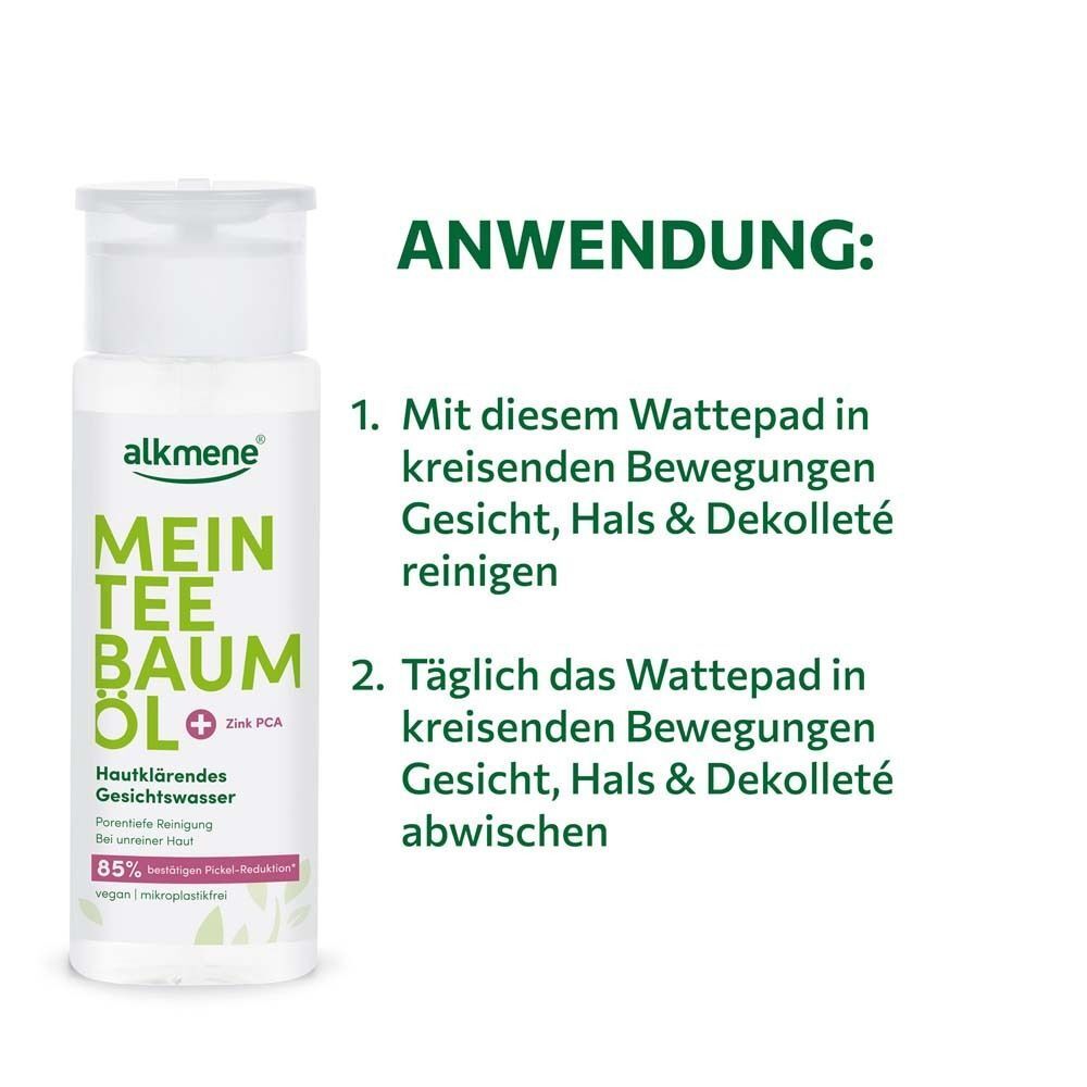 Flasche Gesichtswasser. Aufschrift: Mein Teebaumöl + Zink PCA. Text: Anwendung: Mit Wattepad reinigen.