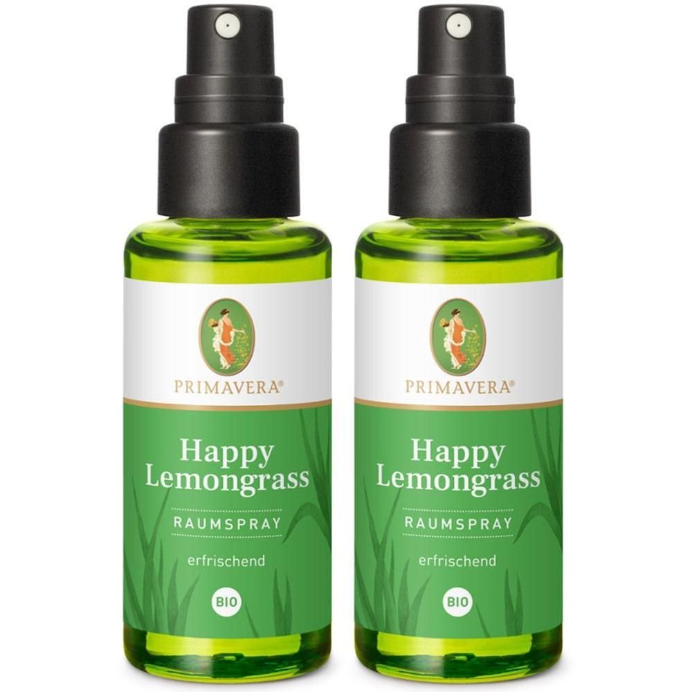 Zwei grüne Sprühflaschen mit schwarzem Sprühkopf. Aufschrift: PRIMAVERA Happy Lemongrass Raumspray bio. Mit Logo und BIO-Siegel.