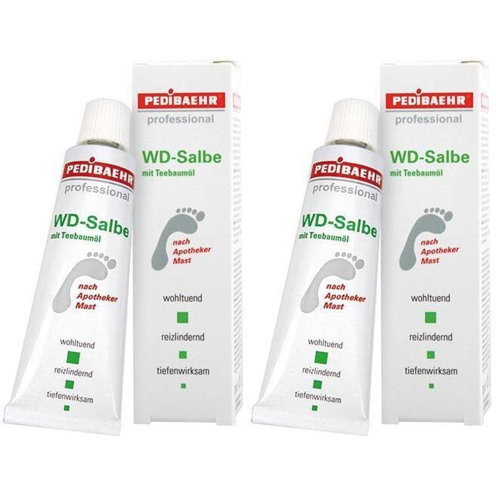 Zwei Tuben und zwei Kartons. Auf den Tuben und Kartons steht "PEDIBAEHR professional WD-Salbe mit Teebaumöl".