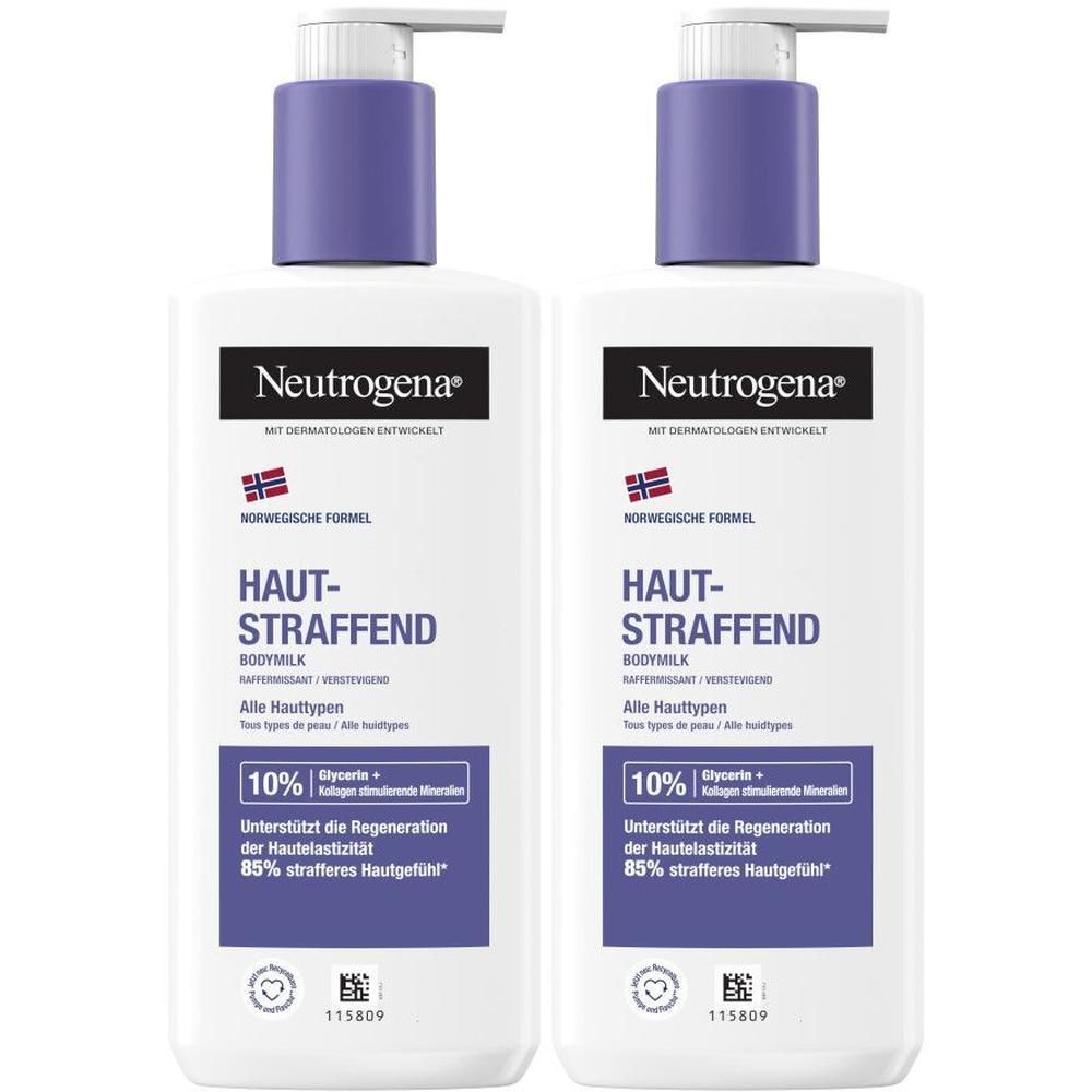 Zwei weiße Flaschen mit lila Deckel und Pumpen. Aufschrift: Neutrogena, Norwegische Formel, Hautstraffend Bodymilk.