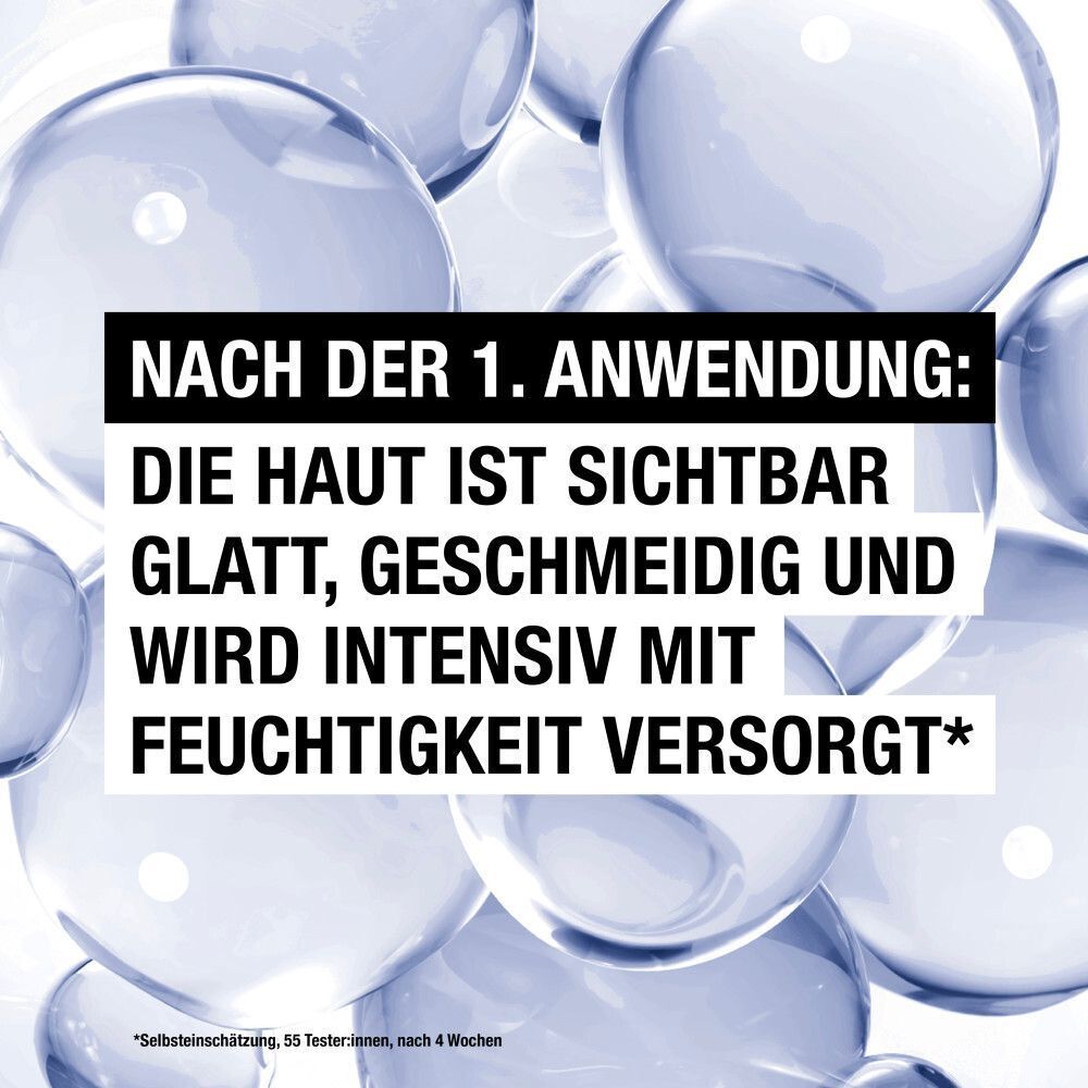 Grafik mit Wasserblasen. Text: Nach der 1. Anwendung: Die Haut ist sichtbar glatt, geschmeidig und wird intensiv mit Feuchtigkeit versorgt.