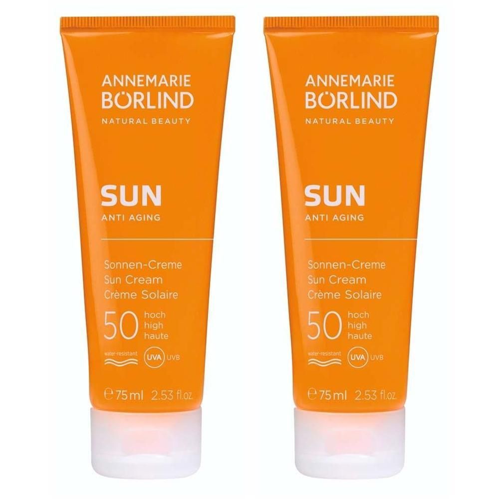 Zwei Tuben ANNEMARIE BÖRLIND SUN ANTI AGING Sonnen-Creme LSF 50, je 75ml.