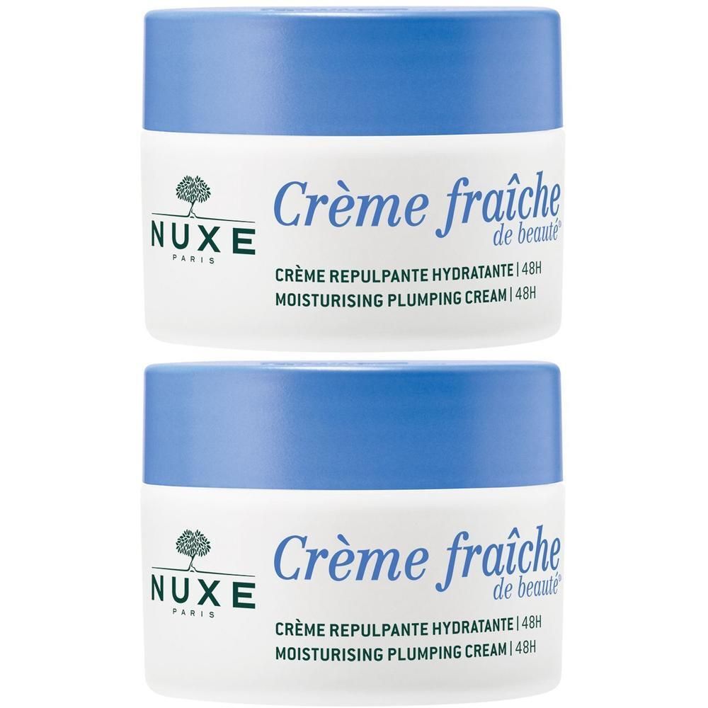 Zwei Tiegel Creme Fraîche de Beauté mit blauem Deckel. Aufschrift: NUXE Paris, Crème fraîche de beauté, 48H Feuchtigkeit.