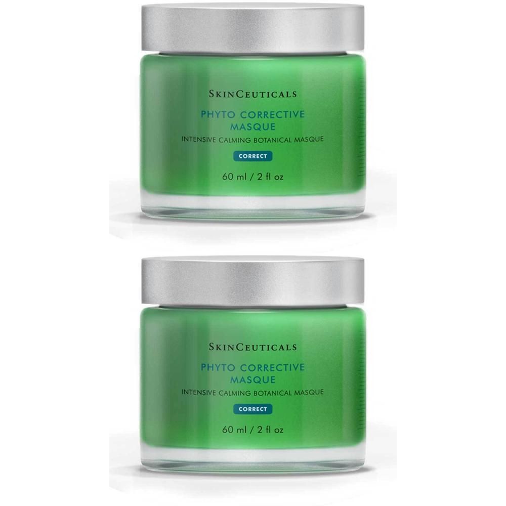 Zwei grüne Gläser mit silbernen Deckeln. Auf jedem Glas steht "Skinceuticals Phyto Corrective Masque". Darunter Text und "60 ml / 2 fl oz".