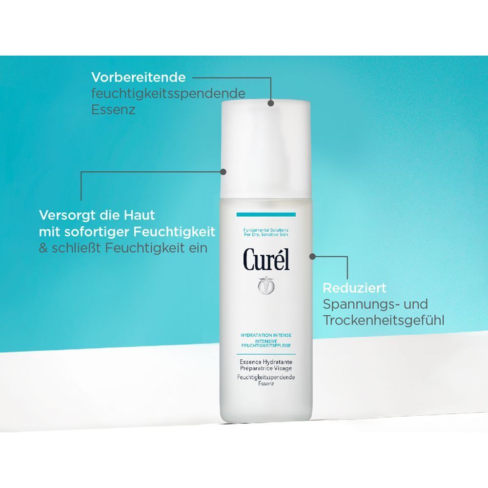 Curél Feuchtigkeitsspendende Essenz. Weiße Flasche mit blauem Akzent. Text: Curél, Essenz. Pfeile zeigen auf Text und Produktmerkmale.