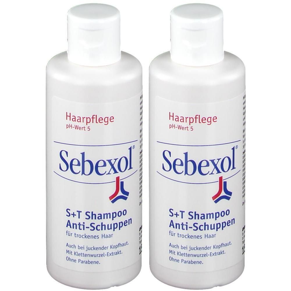 Zwei weiße Flaschen Sebexol S+T Anti-Schuppen-Shampoo. Aufschrift: Haarpflege, pH-Wert 5, für trockenes Haar. Ohne Parabene.