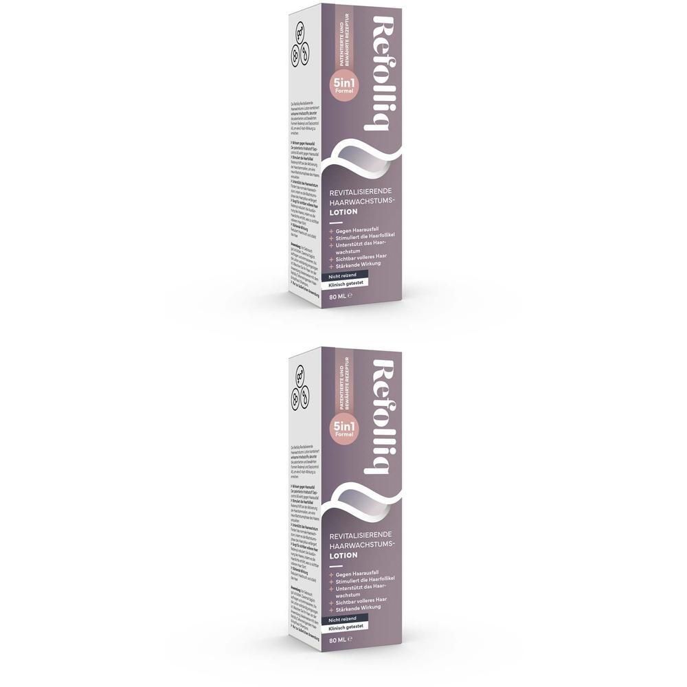 Zwei Packungen REFOLLIQ Lotion. Rechteckige Verpackung mit Produktnamen und Logo. Lila und weiße Farbtöne.