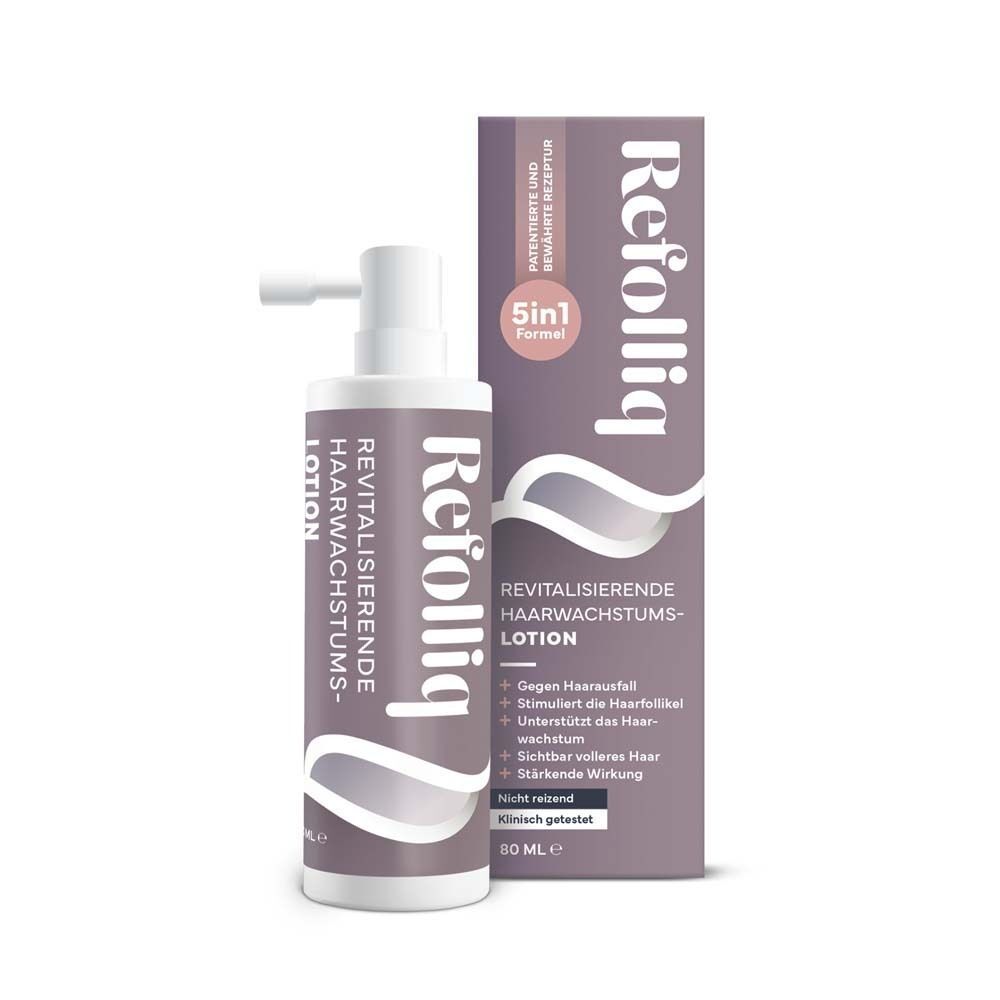 REFOLLIQ Lotion-Flasche mit Sprühkopf und Verpackung. Produktname und Logo deutlich sichtbar. Lila und weiß.