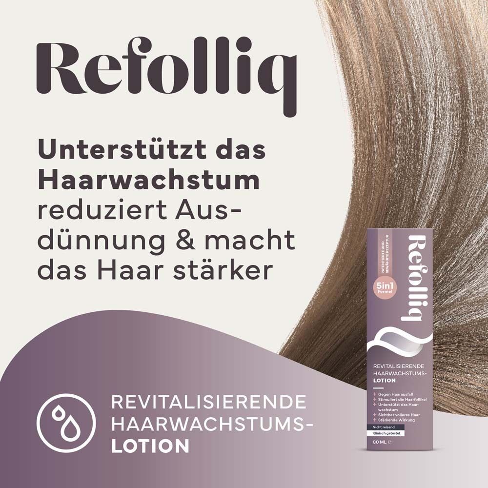 Haar mit REFOLLIQ Lotion. Produktname und Logo. Text: Unterstützt das Haarwachstum, reduziert Ausdünnung.