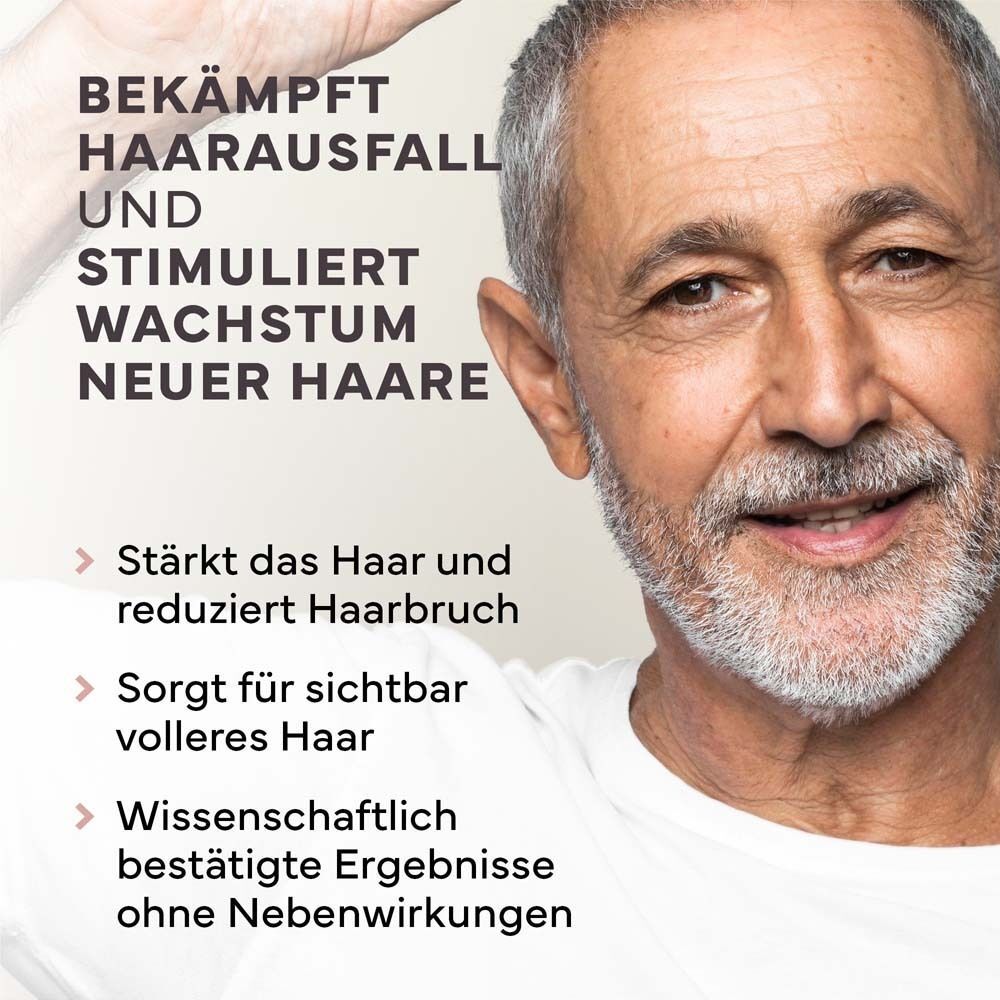 Mann mit Text: Bekämpft Haarausfall und stimuliert Wachstum neuer Haare. Wissenschaftlich bestätigte Ergebnisse.
