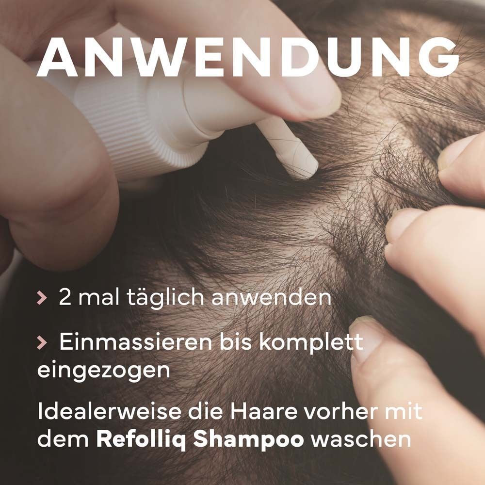 Anwendung der REFOLLIQ Lotion. Auftragen auf die Kopfhaut. 2 mal täglich anwenden. Einmassieren.