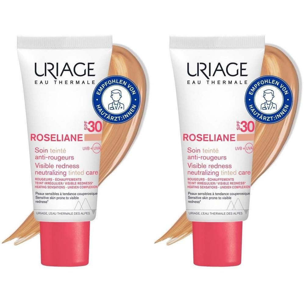 Zwei Tuben URIAGE Roseliane CC Cream SPF 30+. Weiße Tuben mit rosa Verschlusskappe. Blaue Siegel mit Text.