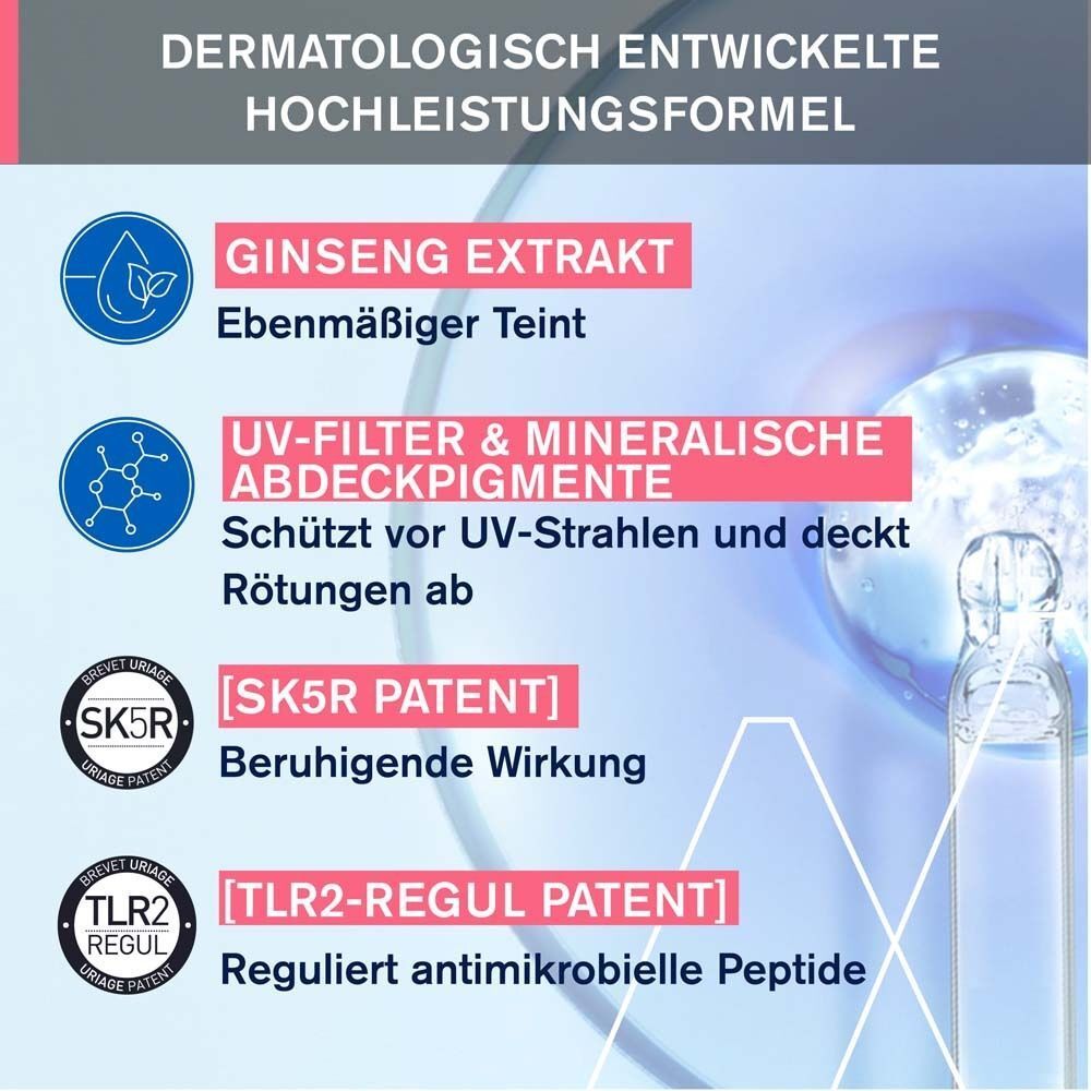Grafik mit Produktbestandteilen. Text: Ginseng Extrakt, UV-Filter & mineralische Abdeckpigmente, SK5R Patent, TLR2-Regul Patent.