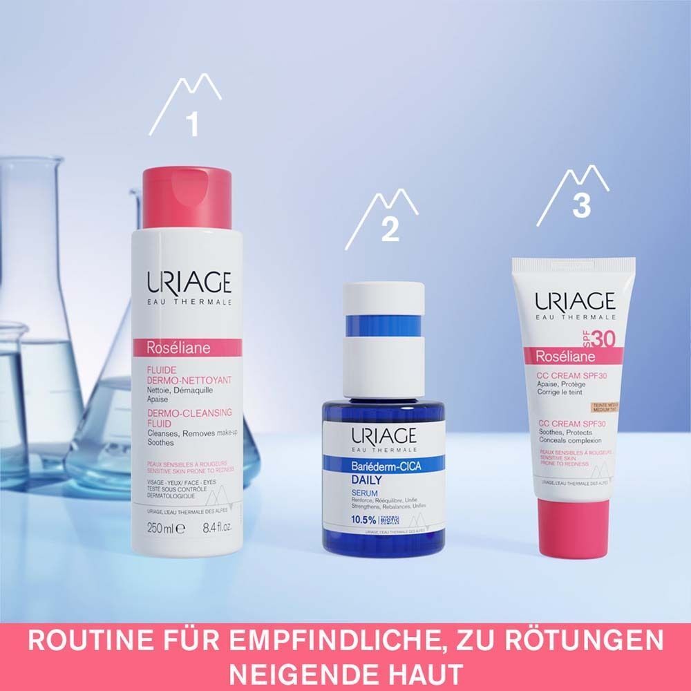 Drei Produkte auf einer Oberfläche. URIAGE Roseliane Reinigung, Serum und CC Cream. Text: Routine für empfindliche Haut.