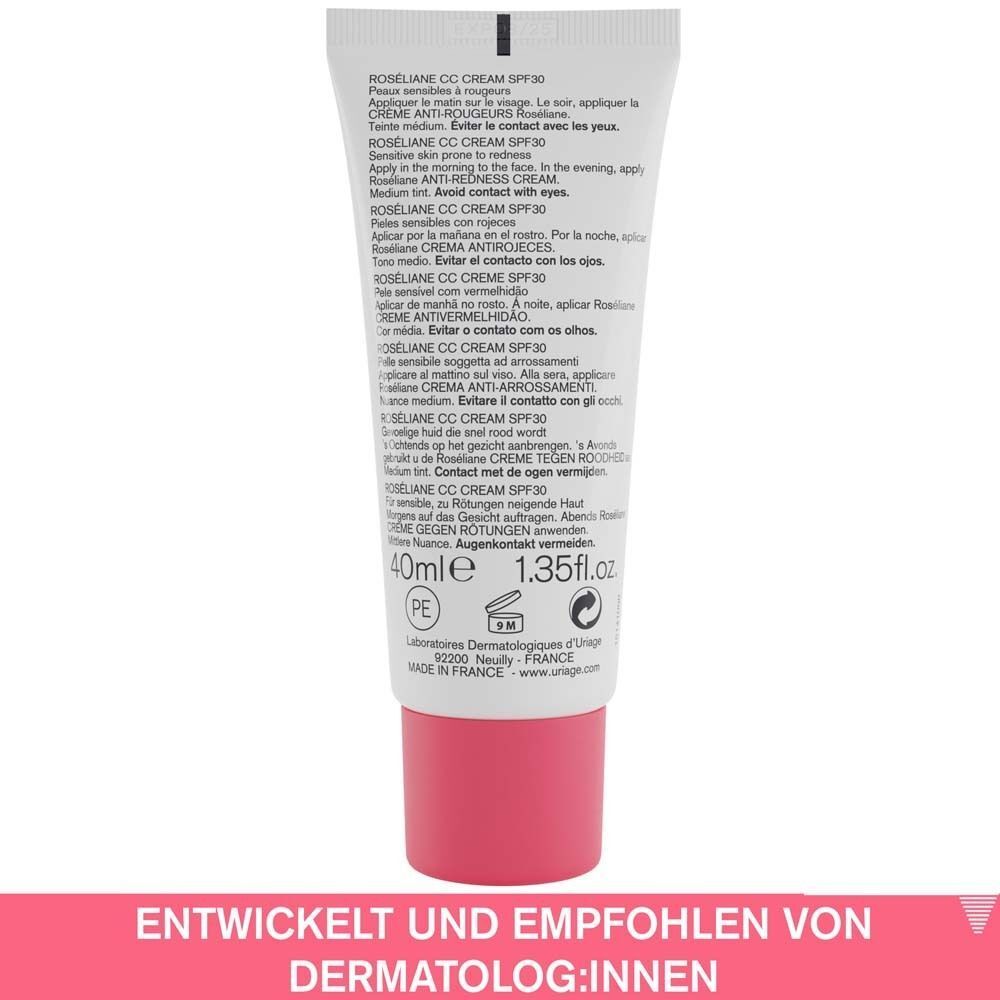 Rückseite einer Tube URIAGE Roseliane CC Cream SPF 30+. Text: Anwendungshinweise in mehreren Sprachen, 40ml, 1.35fl.oz.