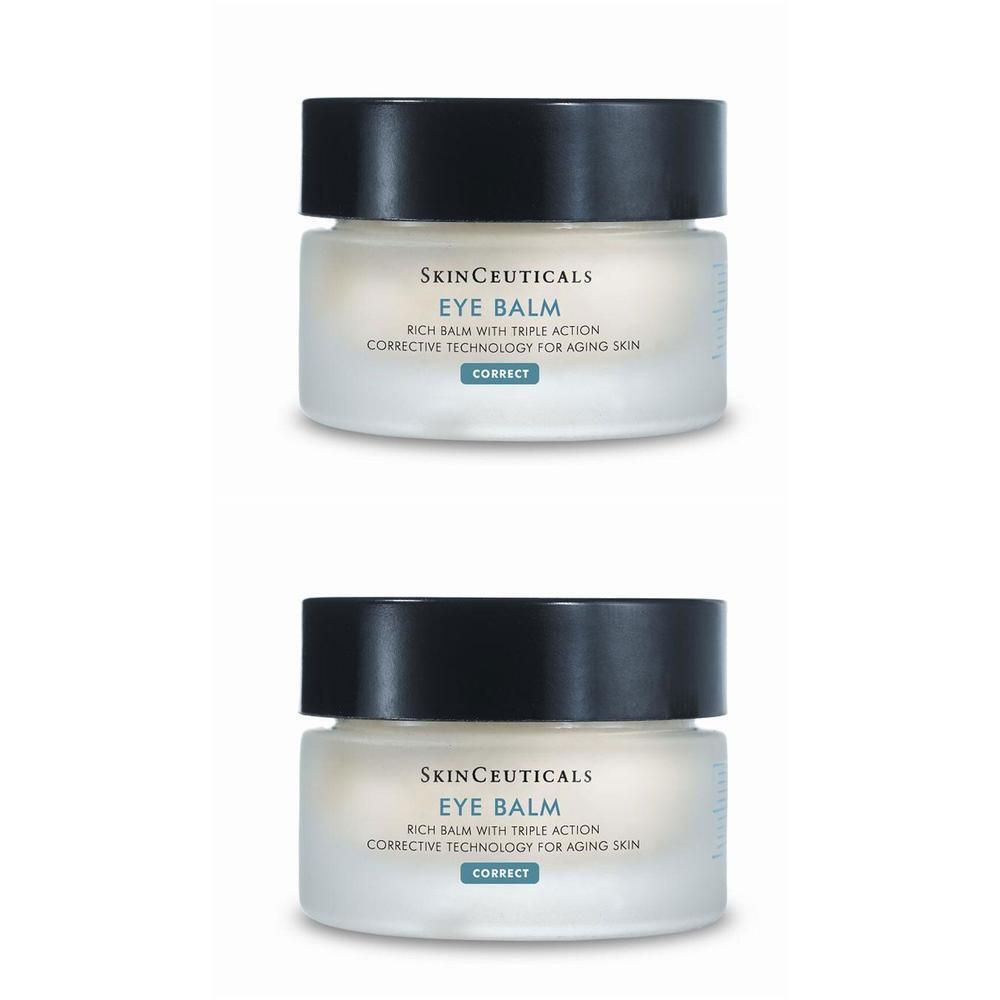 Zwei Tiegel Augenbalsam. Glasbehälter mit schwarzem Deckel. Aufschrift: Skinceuticals, Eye Balm, Corrective Technology.