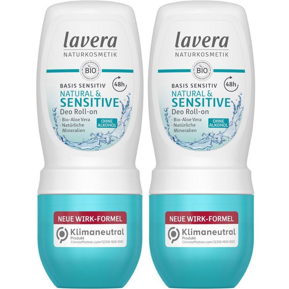 Zwei Roll-on Deodorants. Weiß-türkise Flaschen mit Produktbezeichnungen und Logos. Aufschrift: Basis Sensitiv, Natural & Sensitive, 48h.