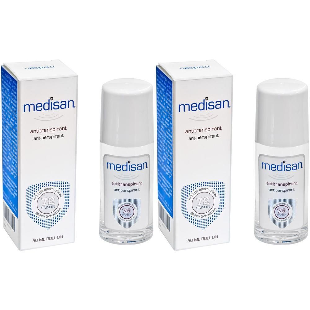 Zwei Roll-on-Deodorants und zwei Kartons. Aufschrift: medisan Antitranspirant. 72 Stunden Schutz. Weiße Flaschen und Verpackung.