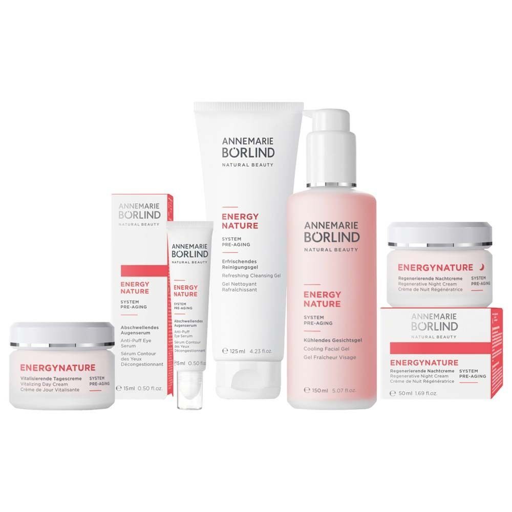Produktset ANNEMARIE BÖRLIND ENERGY NATURE mit Cremes, Gel und Reinigungsprodukten.