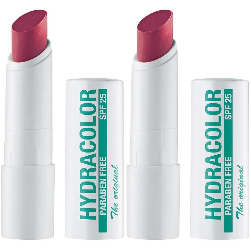 Lippenpflege mit geöffneter und geschlossener Hülse. Weißer Behälter mit grünem Streifen und Schriftzug HYDRACOLOR, SPF 25, Paraben Free.