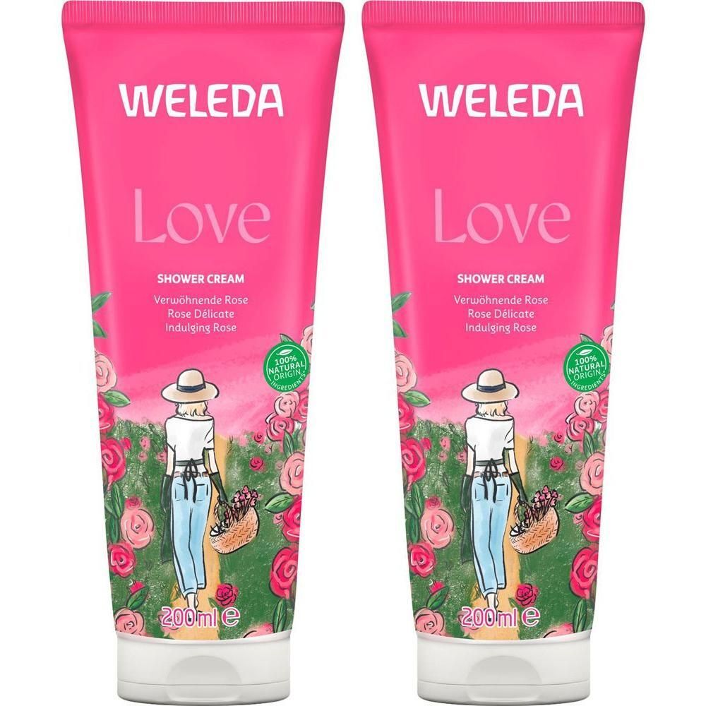 Zwei Tuben Weleda Love Shower Cream. Rosa Tuben mit floralem Design und Frau mit Korb. Text: Love, Shower Cream.