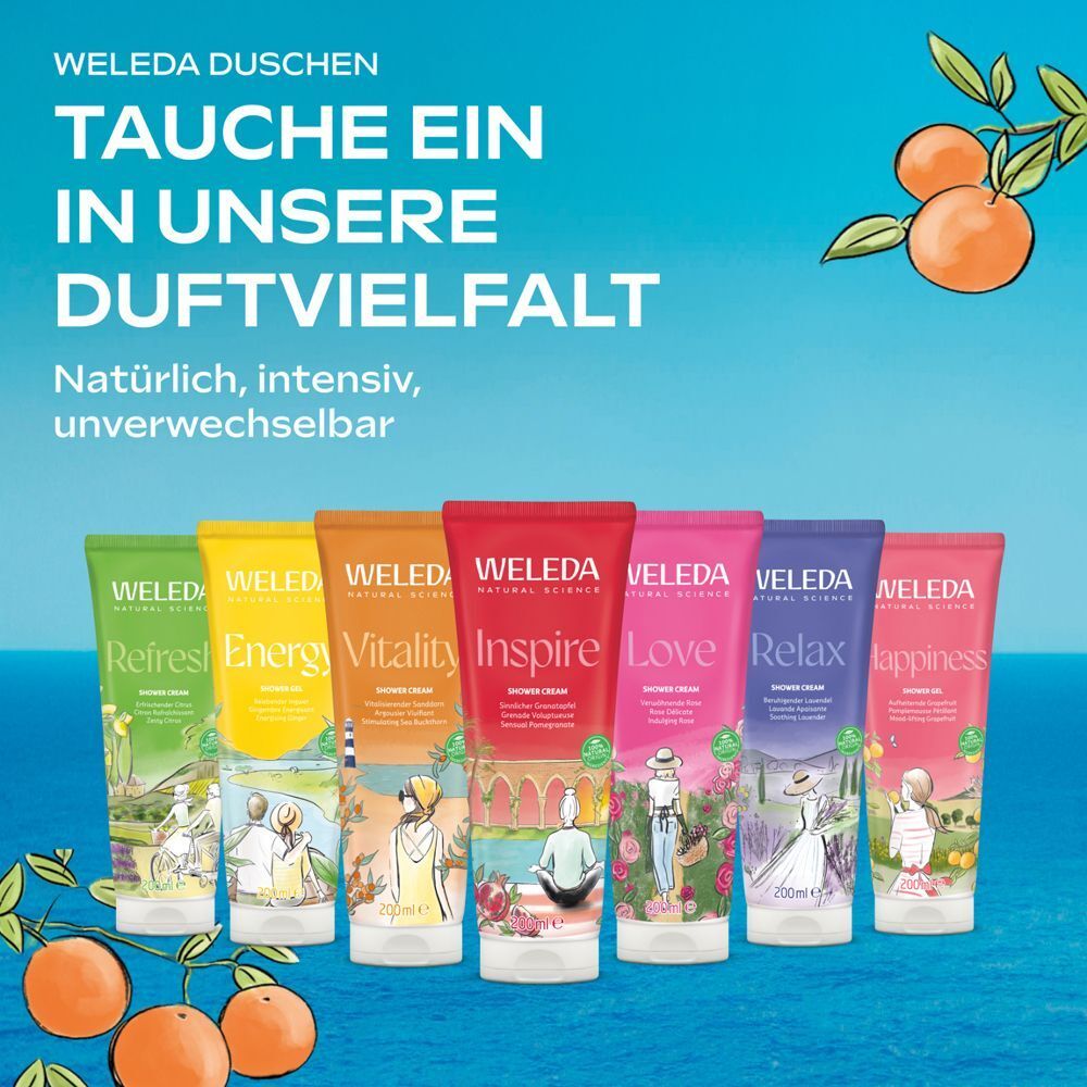 Verschiedene Weleda Shower Cream Tuben. Text: Tauche ein in unsere Duftvielfalt.