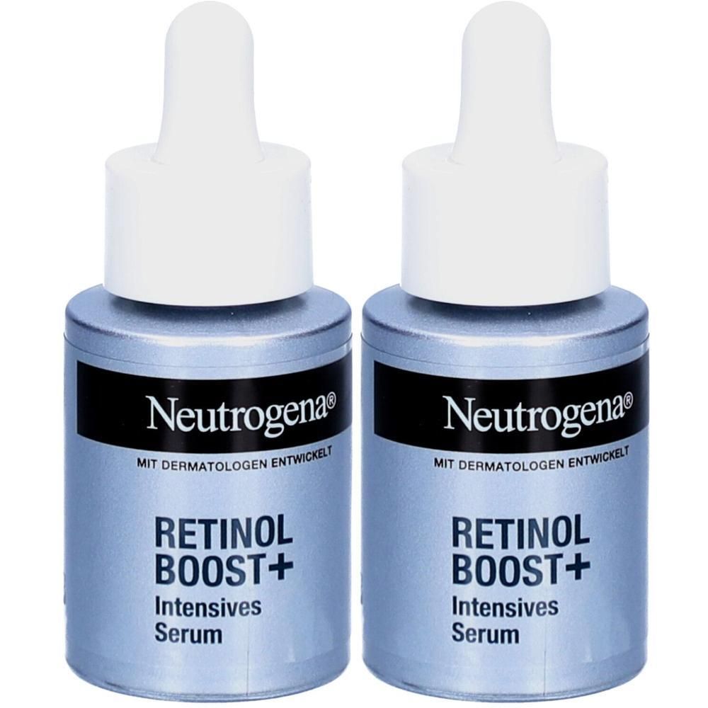 Zwei Flaschen Serum mit weißem Deckel und Pipette. Aufschrift: Neutrogena, Retinol Boost+ Intensives Serum.