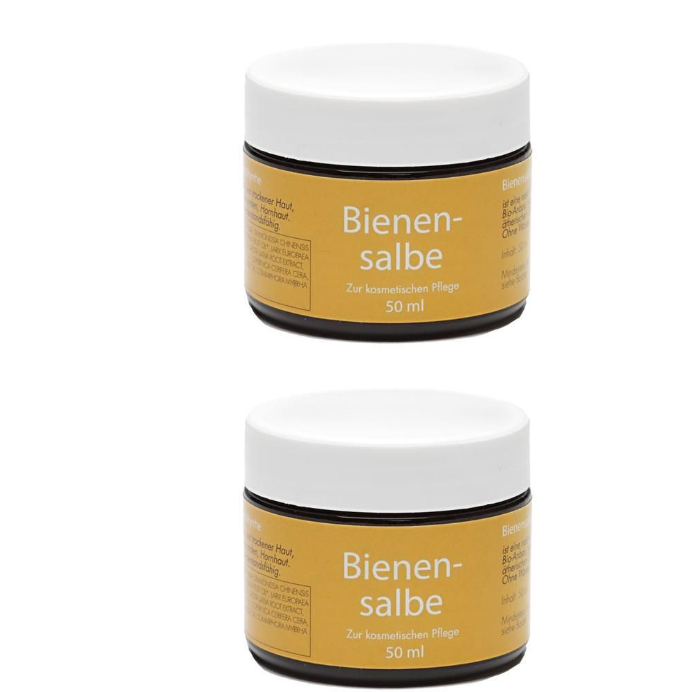Zwei Tiegel Bienensalbe mit weißem Deckel. Aufschrift: Bienensalbe, 50 ml.