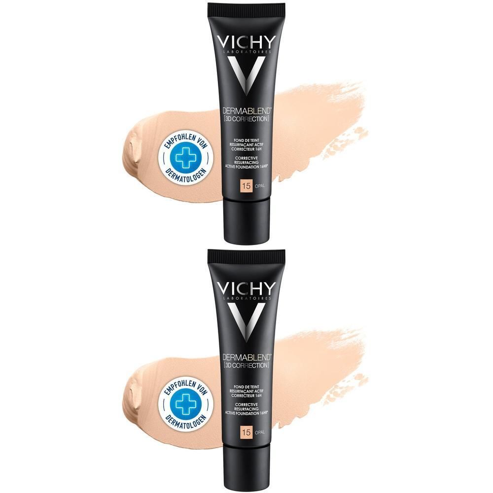 Zwei Tuben mit schwarzem Deckel und beigem Inhalt. Aufdruck: VICHY, DERMABLEND, Farbton 15. Daneben ein Farbfleck.
