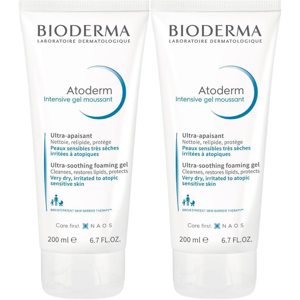 Zwei Tuben BIODERMA Atoderm Intensive gel moussant. Weiß, mit blauer Schrift und Logo. 200 ml.