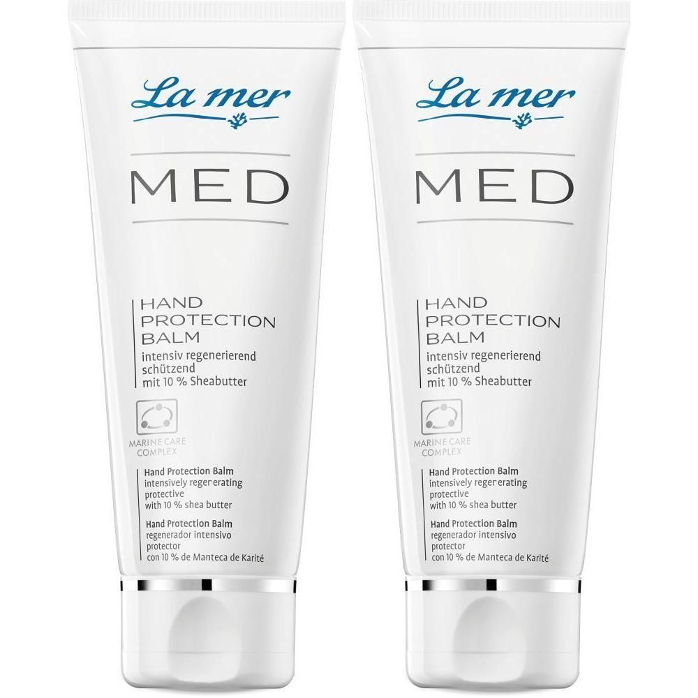 Zwei Tuben Handbalsam. Weiß, mit blauer und schwarzer Schrift. Aufschrift: La mer MED Hand Protection Balm.