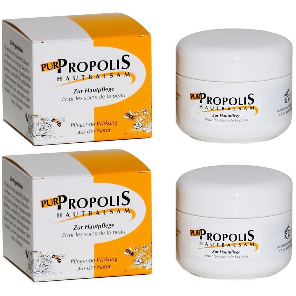 Zwei Cremetiegel und zwei Kartons. Aufschrift: PUR PROPOLIS HAUTBALSAM. Text in Deutsch und Französisch. Gelb-weiße Verpackung.