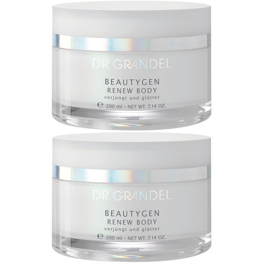 Zwei weiße Tiegel mit Deckel. Aufschrift: DR GRANDEL BEAUTYGEN RENEW BODY. Volumen: 200 ml.