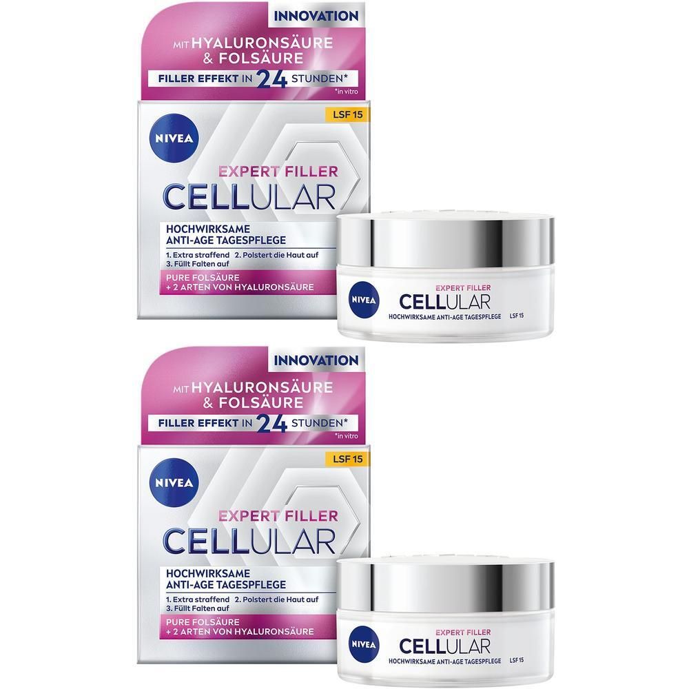 Zwei Packungen und zwei Tiegel NIVEA Cellular Expert Filler Tagespflege. Verpackung mit Produktnamen und Inhaltsstoffen. Tiegel mit Deckel.