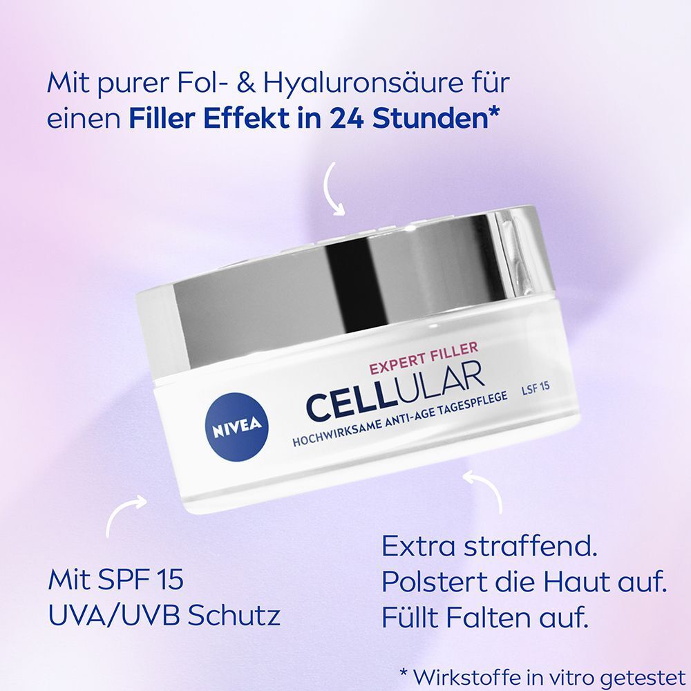 NIVEA Cellular Expert Filler Tiegel mit Text. Mit SPF 15 UVA/UVB Schutz. Extra straffend. Polstert die Haut auf. Füllt Falten auf.