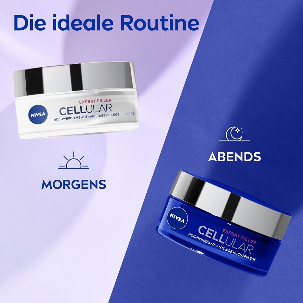 Zwei Tiegel NIVEA Cellular Expert Filler. Einer für morgens, einer für abends. Morgen: Tagespflege. Abends: Nachtpflege.