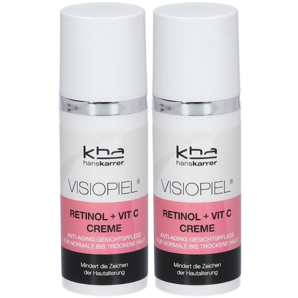 Zwei Cremes mit weißem Deckel und zylindrischem Behälter. Aufschrift: VISIOPIEL, RETINOL + VIT C CREME. Anti-Aging-Gesichtspflege.