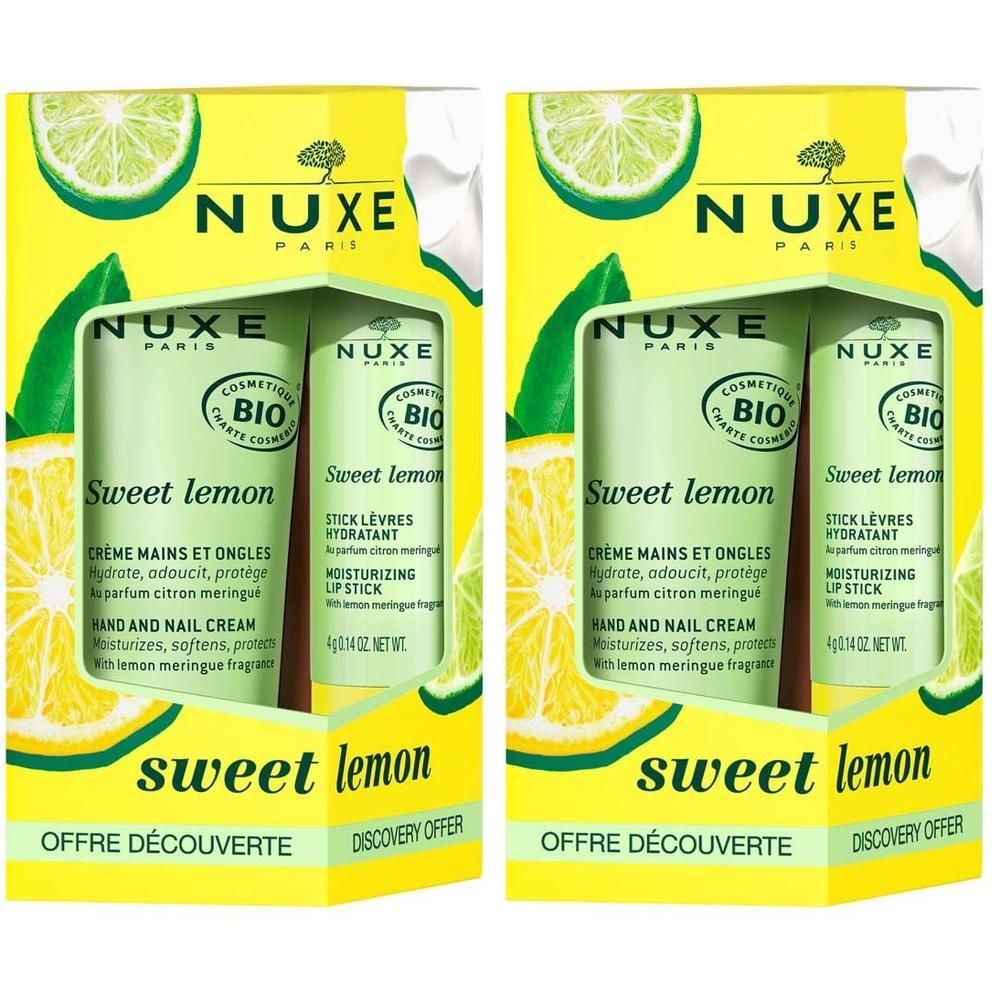 Zwei Sets mit Lippenstift und Handcreme. Verpackung mit Zitronen-Design. Text: Sweet lemon, Hand & Nail Cream, Moisturizing Lip Stick.