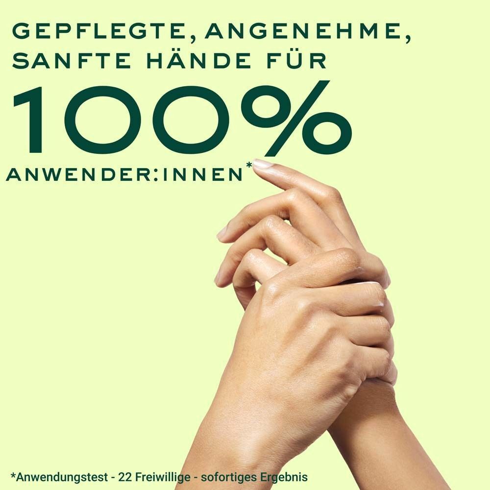 Hände. Text: Gepflegte, angenehme, sanfte Hände für 100% Anwender:innen.