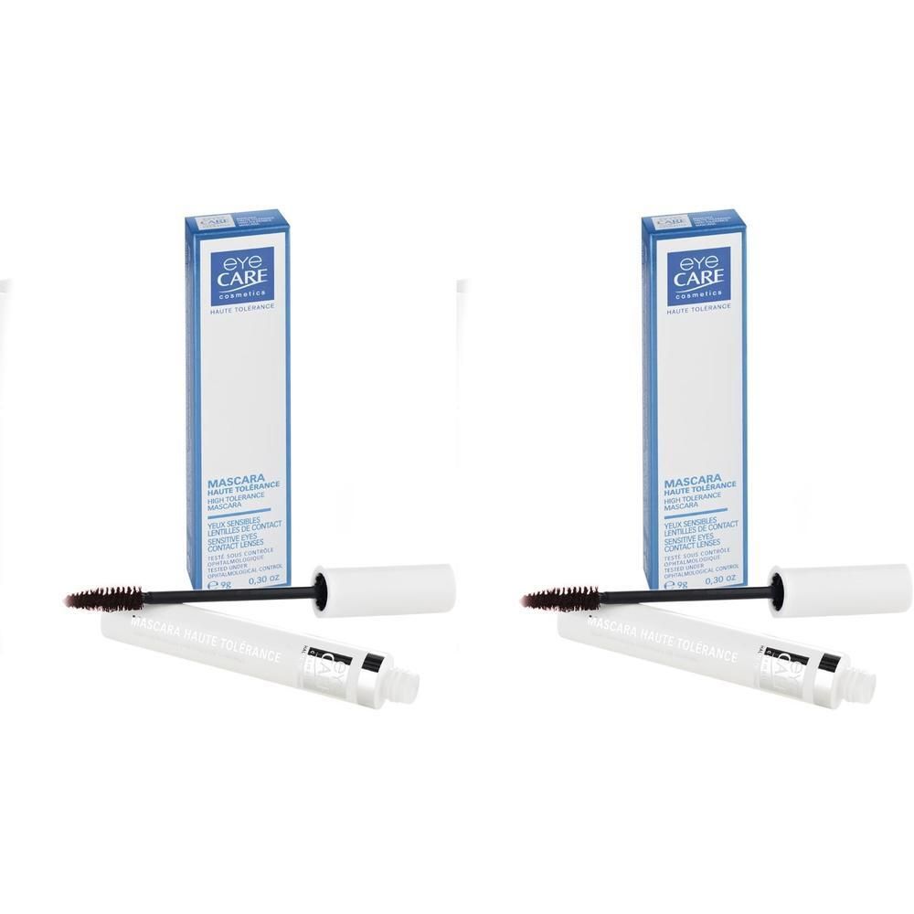 Zwei Mascara-Tuben mit brauner Bürste und weißer Hülle. Daneben zwei Verpackungen mit blau-weißem Design und dem Logo "eye CARE".
