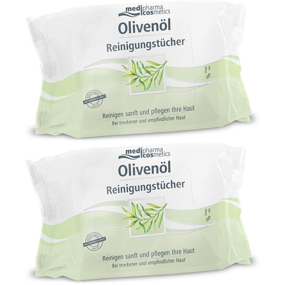 Zwei Packungen Reinigungstücher. Aufschrift: Olivenöl Reinigungstücher. Grün-weiße Verpackung mit Logo und Text. Für trockene und empfindliche Haut.