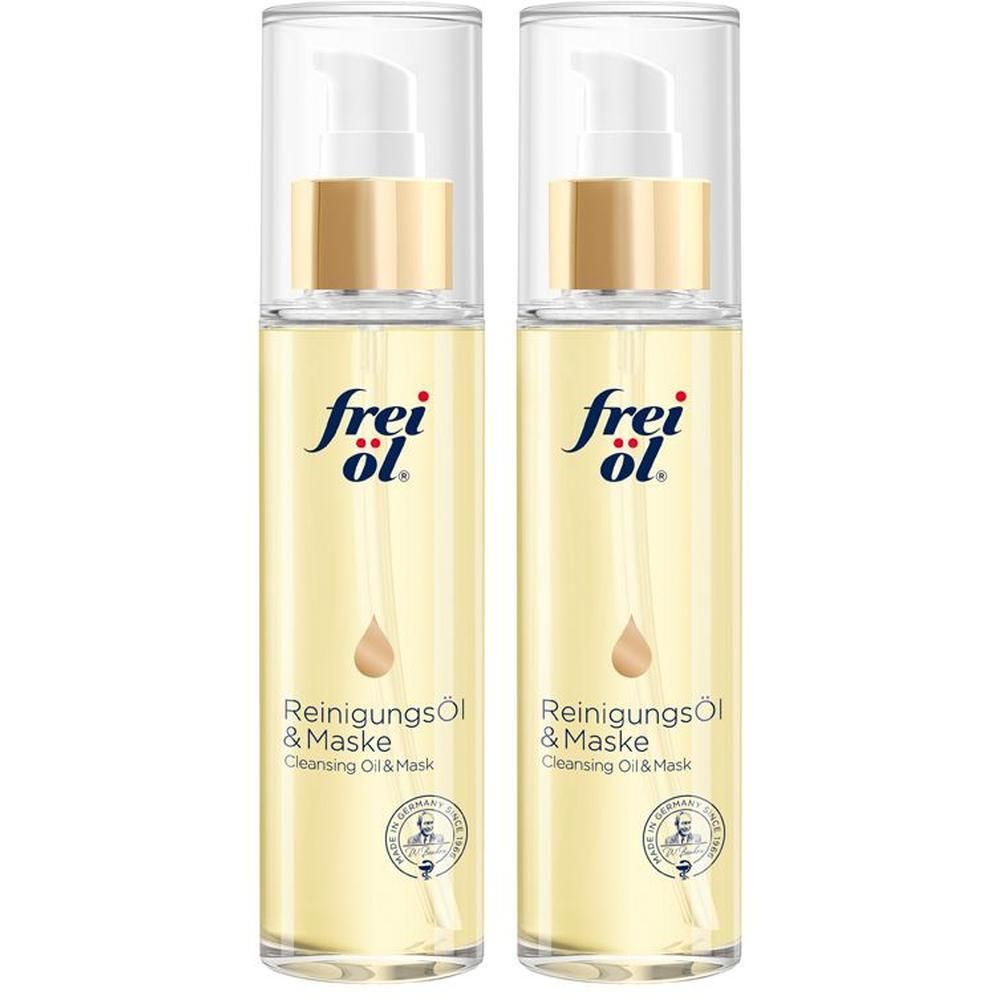 Zwei Flaschen Reinigungsöl & Maske mit Pumpverschluss. Gelbe Flüssigkeit sichtbar. Marke frei öl®.