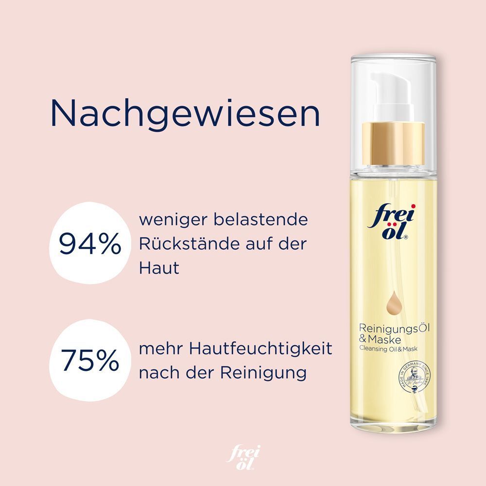 Reinigungsöl & Maske Flasche. 94% weniger Rückstände, 75% mehr Hautfeuchtigkeit. Marke frei öl®.