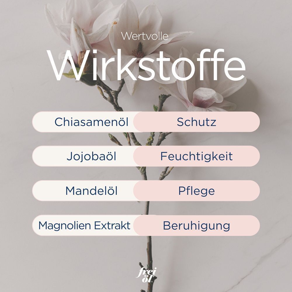 Inhaltsstoffe: Chiasamenöl, Jojobaöl, Mandelöl, Magnolien Extrakt. Beschriftung: Schutz, Feuchtigkeit, Pflege, Beruhigung.